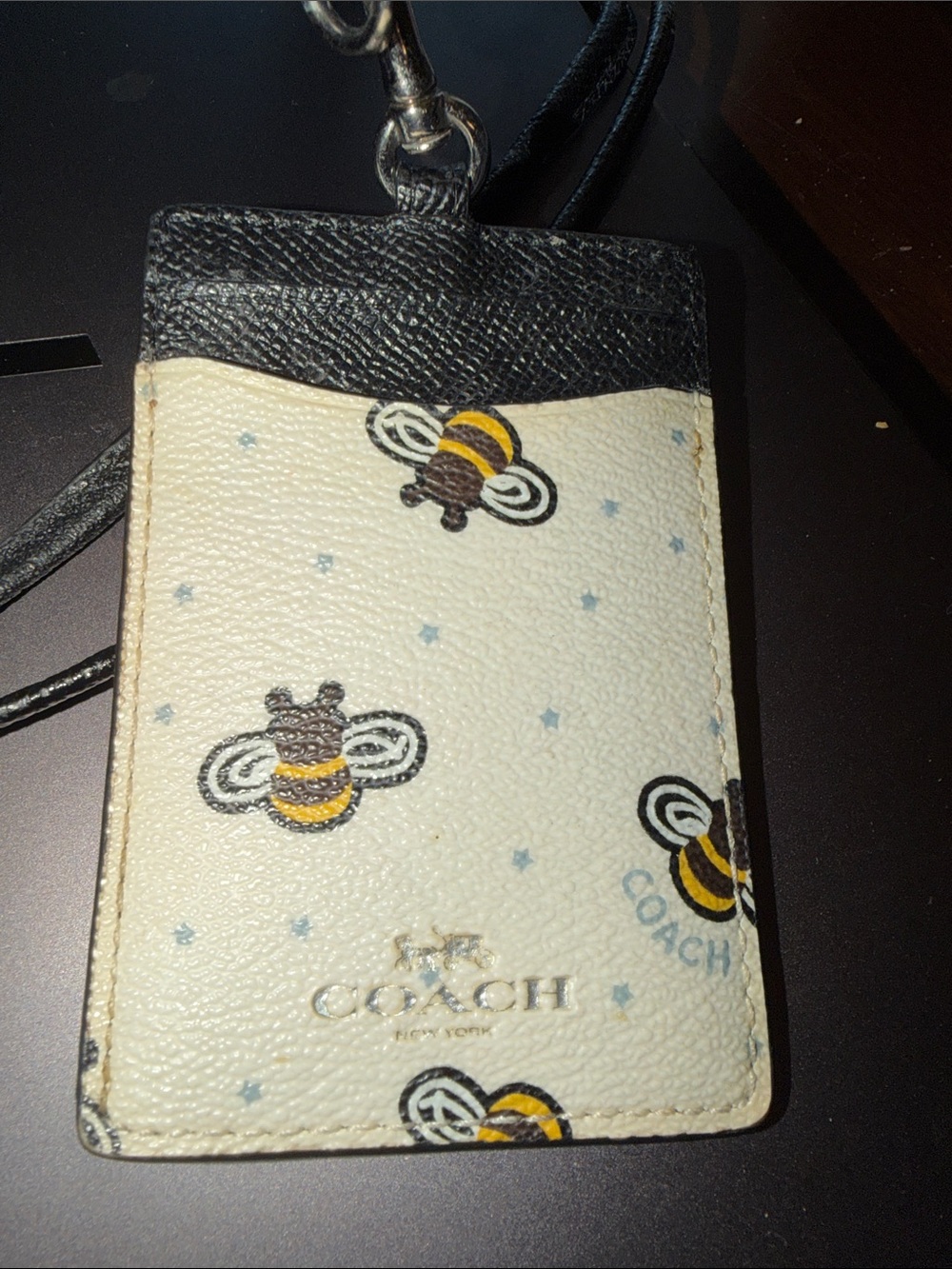 COACH Bee Print White & Black Leather Lanyard Card Holder